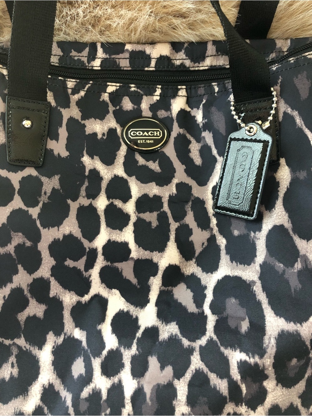 Coach Leopard-Print Nylon Travel Tote | Black, Gray, Taupe | NWT - Picture 2 of 11